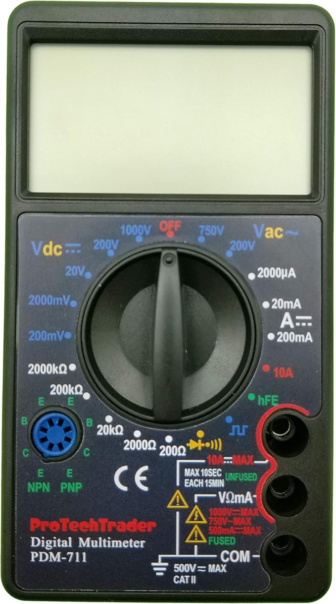 Large Screen Multimeter - Volts Ohms Amps Transistor (hFE) Square Wave Output Diode & Audible Continuity Tester with Buzzer