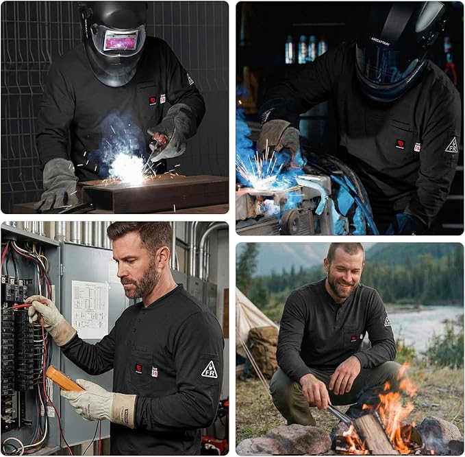 ARCCAPTAIN FR Shirts for Men 8oz 100% Cotton Fire Resistant Henley Shirt CAT2 NFPA2112 Welding Work Long Sleeve Clothing