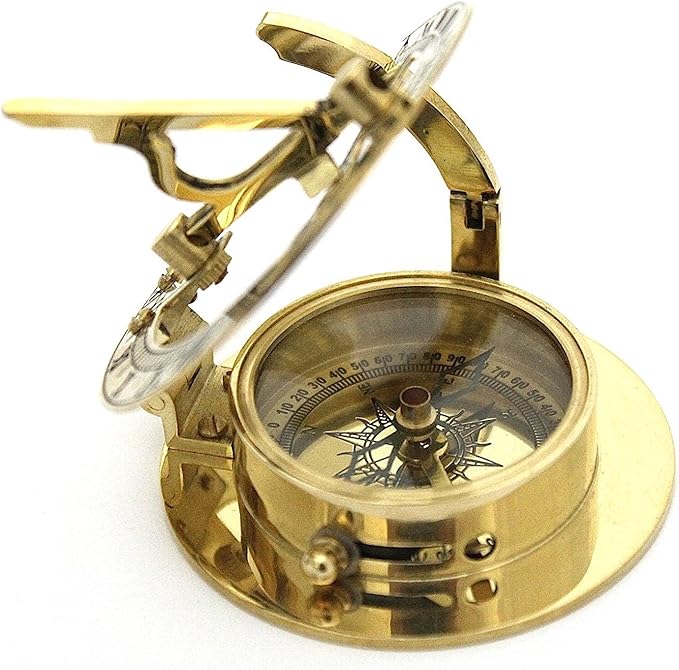 Brass Sundial Compass -Solid Brass Pocket Sundial - West London with Wooden Box Rustic Vintage Home Decor Gifts