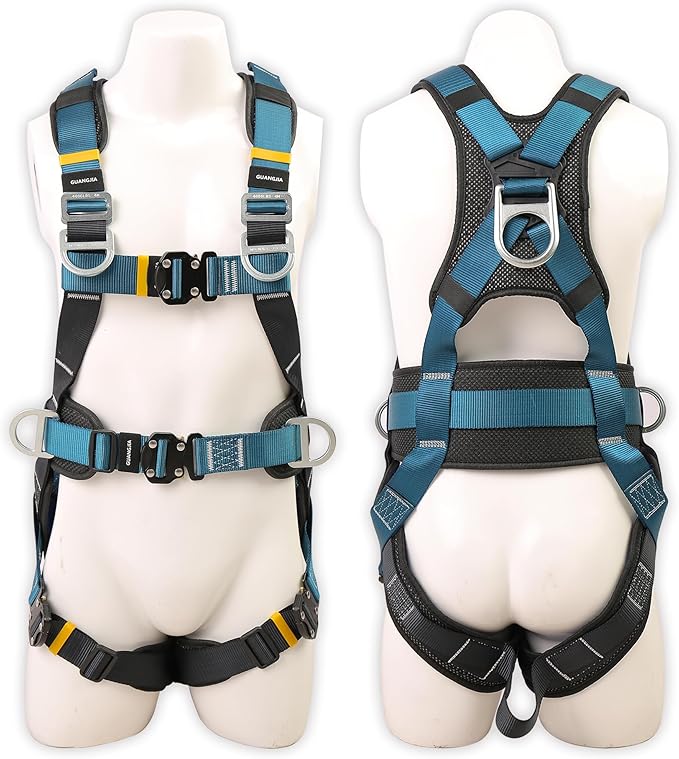Full Body Protection Safety Harness 5pt Adjustment Safe Comfortable Construction Positioning Extra LongThick Leg Back Padded Push Button Quick Lock Buckle OSHA/ANSI compliant