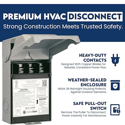 60 Amp or 30 amp Pullout Non-FUSIBLE Disconnect Switch, ControlGear Brand 240V NEMA 3R Outdoor Metallic Enclosure for HVAC Systems, UL Certified, Single Phase Two Wire