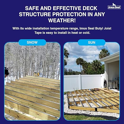 Imus Seal® Butyl Joist Tape for Flashing Deck Joists and Beams, UV Resistant, Level Decking™, Protect Your Deck Structure™, Made in USA (1-5/8” x 50’ 2 Rolls Non-Skid)