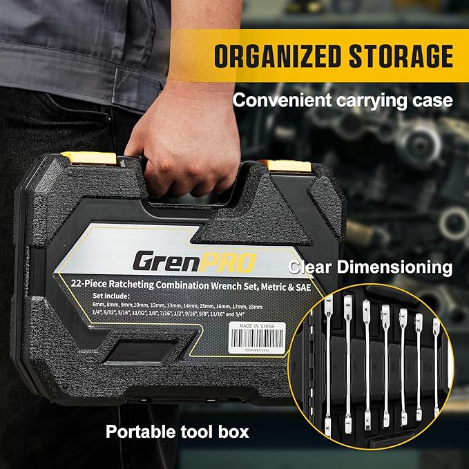 23 Piece Ratcheting Wrench Set, Open End Wrench Set Metric And Standard 6-18mm & SAE 1/4"-3/4", Combination Wrenches Sets, Organizer Tool Box, 72 Tooth Large Wrench Hand Tools Set With 1 Gauge