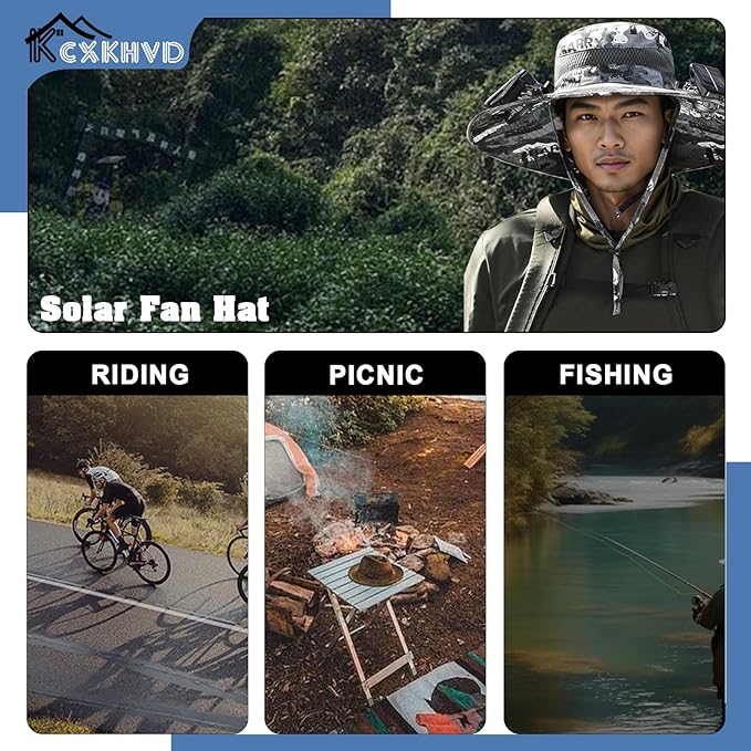 Wide Brim Solar Fan Hat, Fishing Hat with Fan for Men Removable & USB Charging Fan, Waterproof Outdoor Hiking Camping Fishing Hat Grey