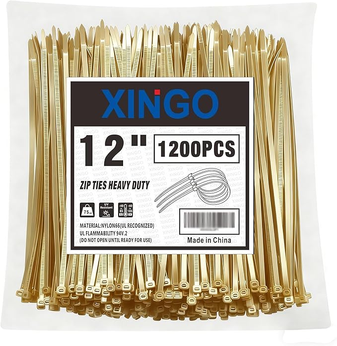 XINGO 12 Inch Gold Zip Ties 1200 PCS, 75 LBS Tensile Strength, UV Resistant Cable Ties, Premium Self-locking Plastic Ties for Indoor and Outdoor Use