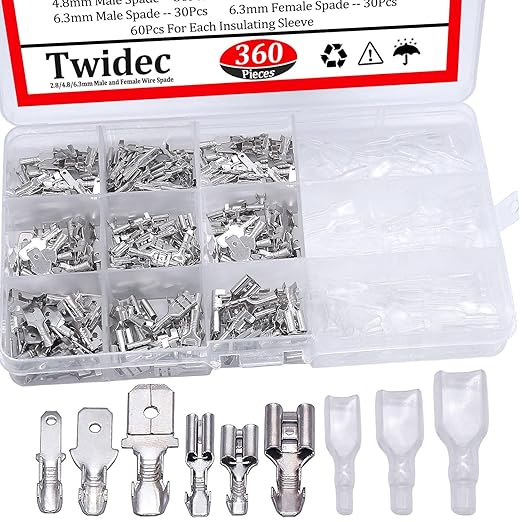 Twidec/360Pcs 2.8/4.8/6.3mm Quick Splice Male and Female Wire Spade Connector Crimp Terminal Block Assortment Kit with Insulating Sleeve for Electrical Wiring Car Audio Speaker