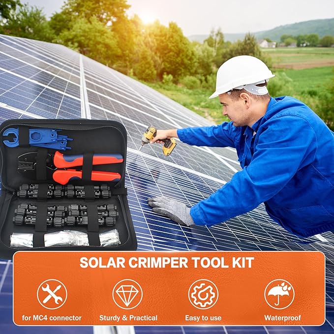 Solar Crimping Tool Kit for Panel Connectors - a Crimper, 10 Pairs of Solar Wire Connectors, 2 Pairs of Spanner Wrench for Solar Cable