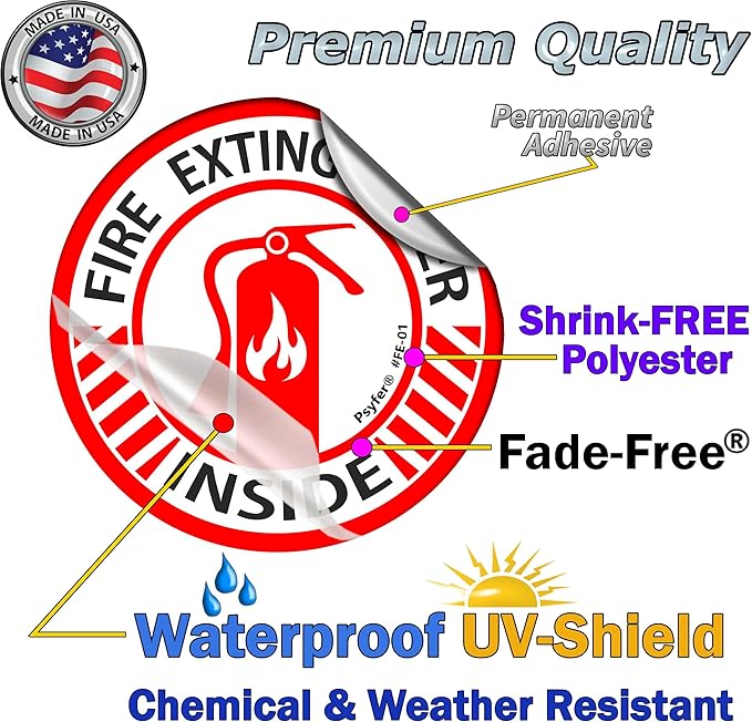 Psyfer® (Fade-Free) Fire Extinguisher Inside UV Stickers - 6 Pack [Made in USA]