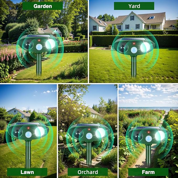 2Pack Solar Ultrasonic Animal Repellent Outdoor Rabbit Repellent Devices with Motion Detection&Flash Light Cat Repellent Keep Deer Raccoon Opossum Squirrel Away for Vegetable Garden Yard Lawn