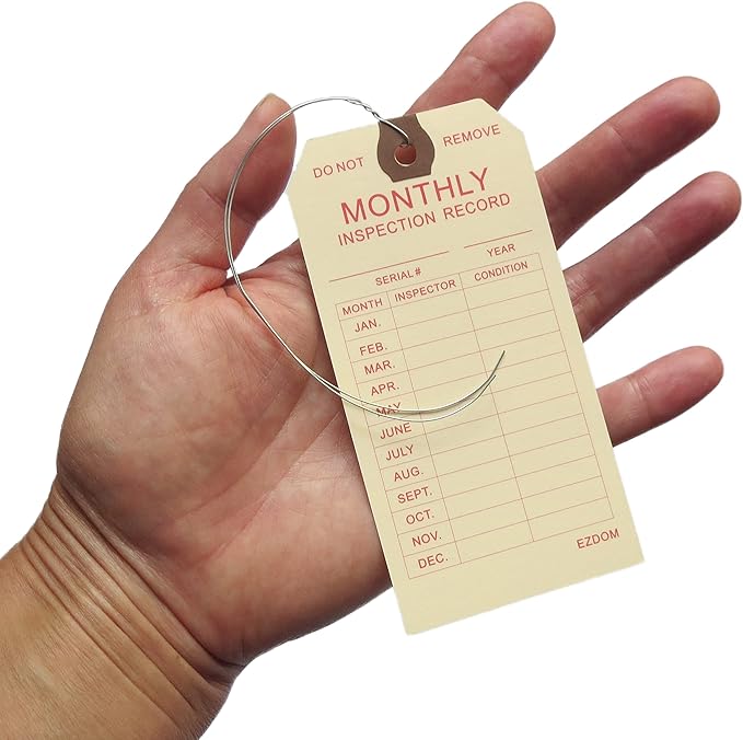 Fire Extinguisher Monthly Inspection Tags - 4 3/4" x 2 3/8" - Box of 100 Manila Service Tags with Wire Ties Attached for Indoor Only