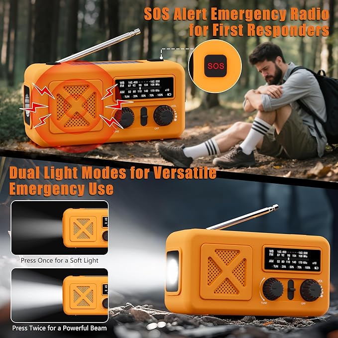 Emergency Radio Hand Crank Solar, 5000mAh/18500mWh Emergency Weather Radio, Solar Crank Radios with NOAA/AM/FM, Thermal Blanket, Paracord Bracele, for Outdoor & Home