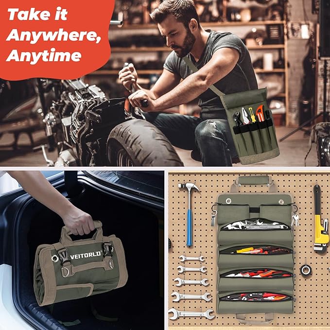 Tool Roll Up Bag, Gifts for Men Dad from Wife Daughter Fathers Day, Portable Tools Box Storage for Men, Heavy Duty Tool Organizer W/Detachable Pouches for Electrician Mechanic Carpenter