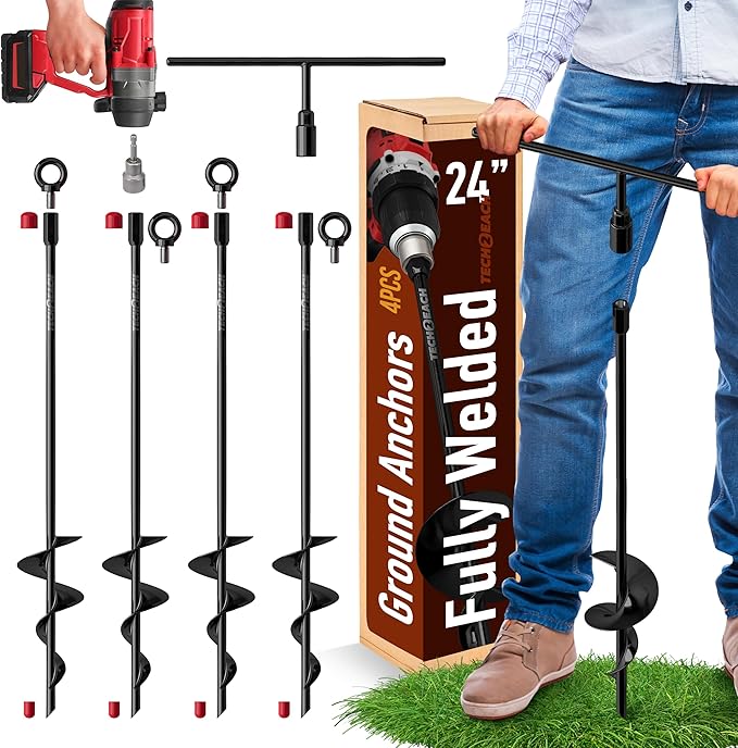 24 inch Ground Anchors Heavy Duty Screw in - Kit of 4 Fully Welded Earth Anchors - Long Spiral Tie Down Stakes for Swing Set Shed Trampoline Canopy Tree Tent - High Wind Anchor - Sand Auger Stake