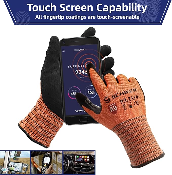 Schwer ProGuard High Level Cut Resistant Work Gloves PR3326 for Extreme Protection，ANSI A9 Cut Gloves with Reinforced Thumb, Non Slip, Durable, Touch-screen, Orange 1 Pair(XXL)