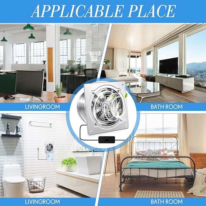 10 Inch Exhaust Fan 988 CFM Kitchen Exhaust Fan with Switch Small Exhaust Fan Bathroom Potable Plug in Garage Exhaust Fan with Damper for Shop, Smoking Room, Industrial Ventilation Use, Silver