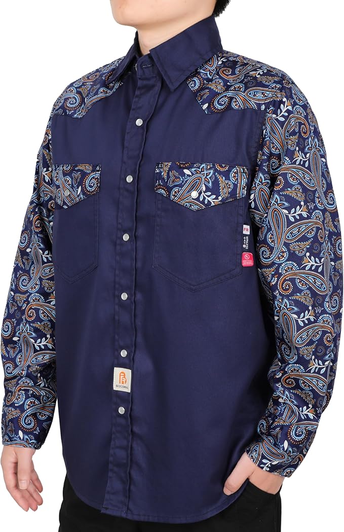 BOCOMAL FR Shirts Pearl Snaps Two Tone Plaid/Solid Flame Resistant Cotton Welding Shirt NFPA 2112 CAT 2