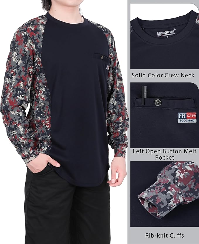BOCOMAL FR Shirts Crewneck 5.5oz Lightweight Cotton Paisley Camo Two-Tone Flame Resistant Long Sleeve CAT2 Work Shirt