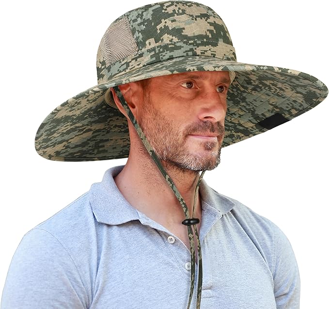 Men Safari Sun Hat Wide Brim Boonie Fishing Cap with Adjustable Drawstring
