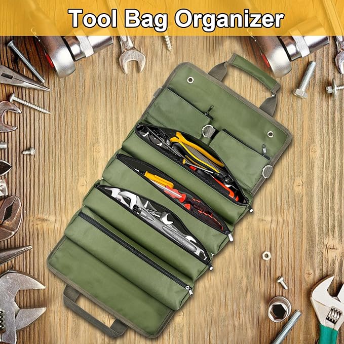 Tool Bag Organizer Roll Up: Gifts for Men Fathers Day Dad Gifts for Him Boyfriend Husband Birthday Portable Motorcycle Tool Box Woodworking Gift for Mechanic Craftsman Electrician Rollup Toolbag