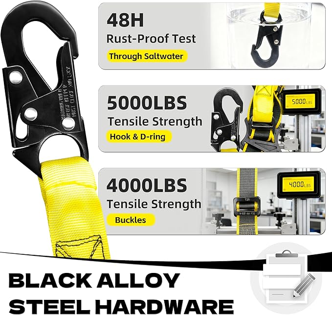 KJE Safety Harness Fall Protection Kit - Construction Roof Full Body Harness w/Detachable 6FT Shock Absorbing Lanyard & Snap Hook, ANSI/OSHA