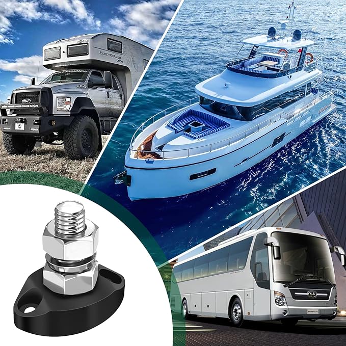 LENKRAD M10 Single Posts Block 12V Bus Bar 250A Power Junction Block, RV New Energy Battery Buss Bar for Auto Marine Ground Positive and Negative (Black)