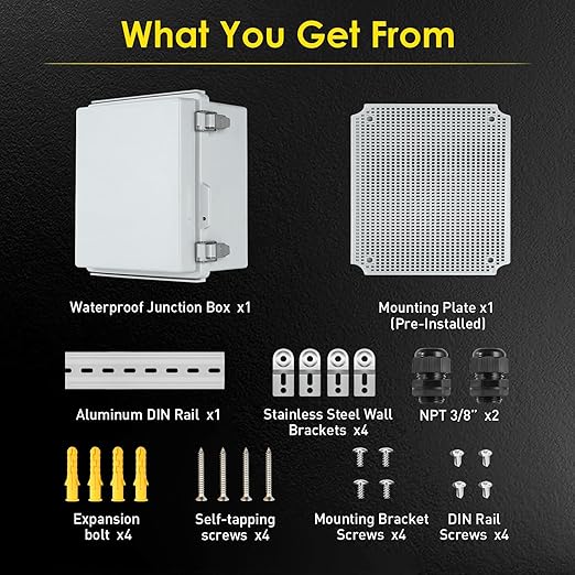 Waterproof Electrical Junction Box, IP67 Plastic Weatherproof Electrical Enclosure with Mounting Plate, Wall Brackets, for WiFi Electronics Project (13"×13"×5")