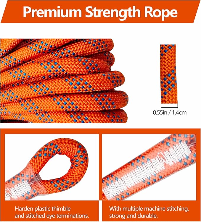 Fall Protection Rope for Roofing Tree Climbing, 50ft Harness Safety Lanyard, Vertical Rope with Grab Snap Hooks Shock Absorber Safety Equipment Orange