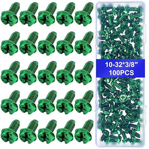 Tandefio 100 Pcs Ground Screws for Electrical Box, 10-32 x 3/8 Inch Green Hex Head Grounding Screw Combo Slotted Hex Washer Head for Electrical Junction Box, Metal Outlet and Switch Boxes