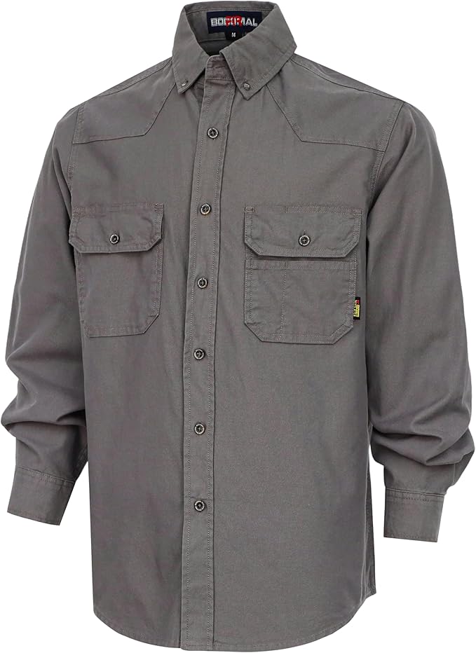 BOCOMAL FR Shirts Button Down Dura-Light 6.5 oz Soft Heather Series Utility Chest Pockets Flame Resistant Work Shirt CAT2