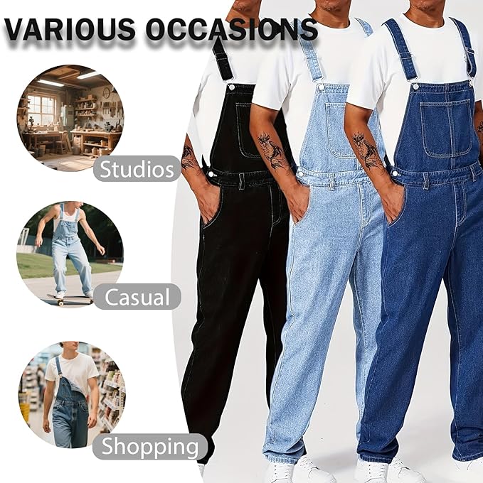 Men's Bib Overall Relaxed Fit Adjustable Strap Denim Work Pants with Large Pockets Durable Comfortable Jumpsuit for Men