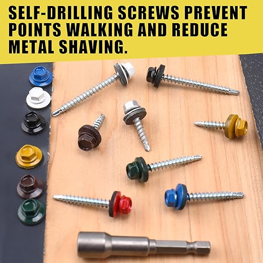 250pcs #10 x 1-1/2" Blue Hex Head Self-Drilling Metal Roofing Screws, EPDM Washer, Colored Head, Wood Screws, Sheet Metal Roof Screw with Hex Driver Bit (Blue, 1-1/2 in)