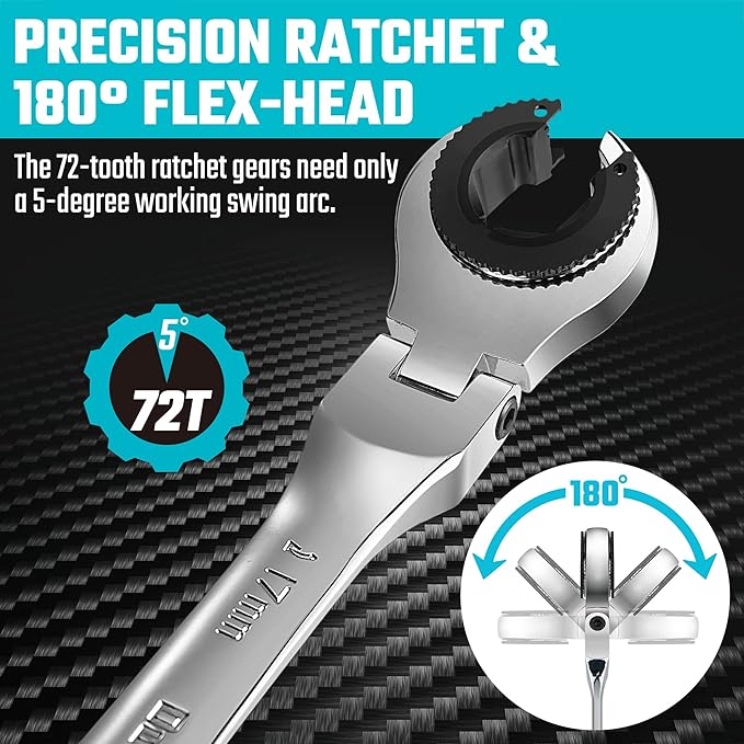 DURATECH 6-Piece Ratcheting Wrench Set with Open Flex-head, Metric Ratcheting Tubing Wrench Set, 10-17mm, 72-Tooth Gear, CR-V Steel, with Organizer Bag, Gifts for Men