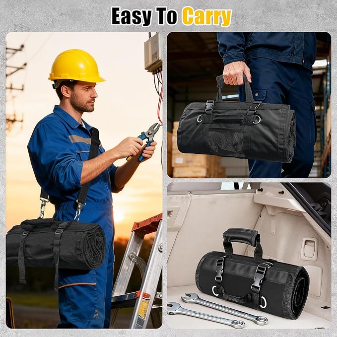 Tool Bag,Large Roll-Up Tool Bag Organizer with 28 Pocket Organizer, 34 Socket Slots, Heavy Duty Portable Tool Storage Carrier Bag for Men,Mechanic,Electrician & Hobbyist,Black