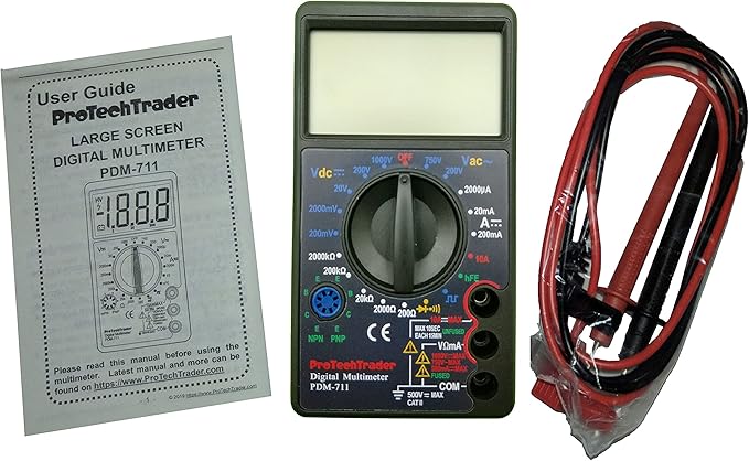 Large Screen Multimeter - Volts Ohms Amps Transistor (hFE) Square Wave Output Diode & Audible Continuity Tester with Buzzer