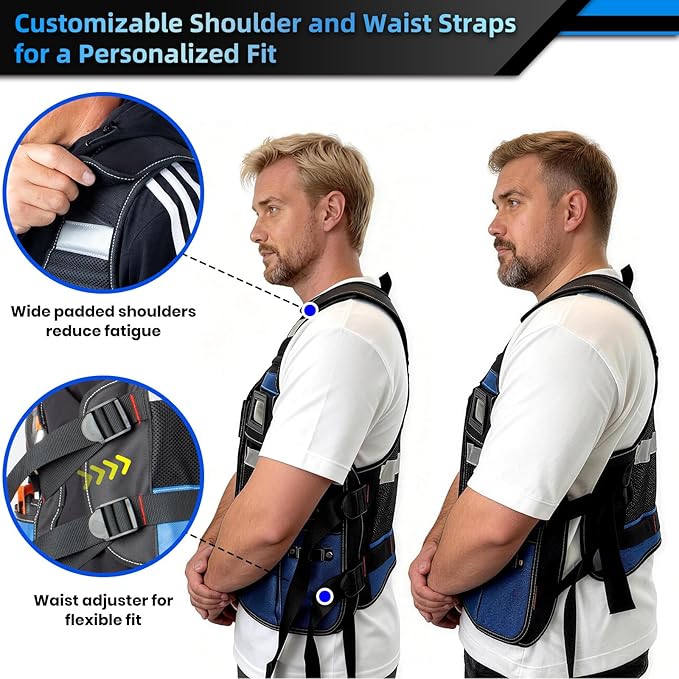 Electrician Tool Vest, Tool Vest for Men, Tool Vest Electrician with Drill Holster, 17 Storage Spaces, 1680D Heavy Duty Adjustable Work Vest with Reflective Strips, Blue