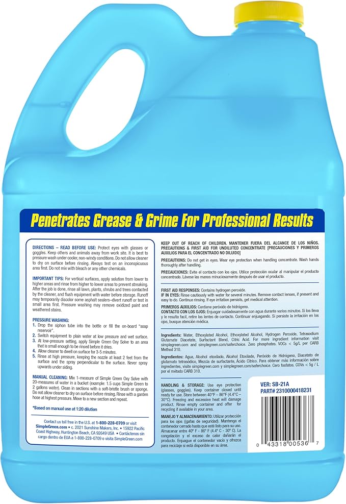 Simple Green Oxy Solve Deck and Fence Pressure Washer Cleaner, Colorless to Pale Straw, Unscented, 128 Fl Oz (Packaging May Vary)