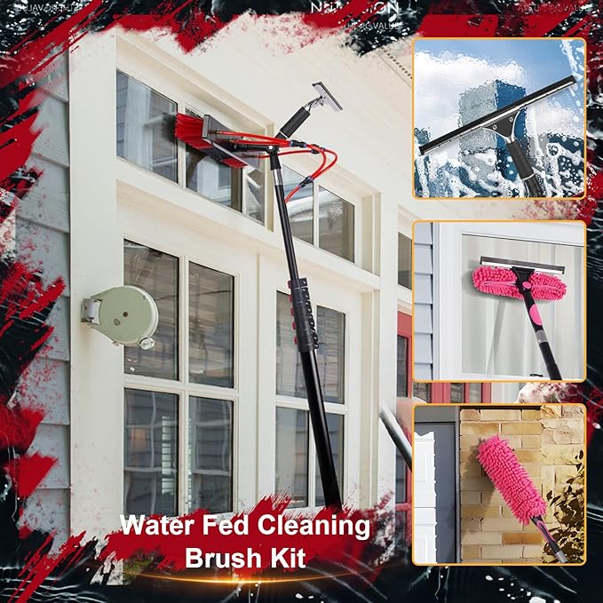 30FT Solar Panel Cleaning Brush & Squeegee Kit, Proffesional Window Washing Tool, 22in Wide Brush & 2 Dusting Brush, Water Fed Pole, Extendable Telescopic Pole for Roof Mounted Solar Panels