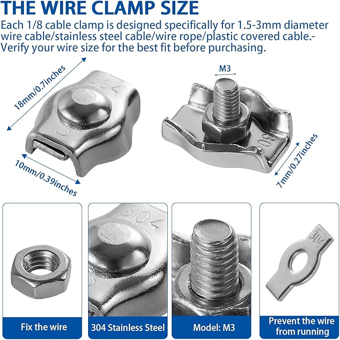 M3 Wire Rope Cable Clip Clamp,304 Stainless Steel Simplex Single Bolt Cable Clamps (18Pcs),1/8 Inch Wire Clamps for 1.5mm-3mm Wires/Stainless Steel Cables/Wire Ropes/Plastic Cables