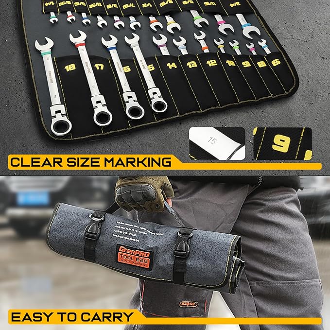 Ratchet Wrenches Set, 23PC Flex Head Ratcheting Wrench Set Metric and Standard & SAE, 6-18mm & 1/4" to 3/4" with Color Ring, CRV Open End Tool Organizer Pouch, Combination Ratchet Wrench Sets