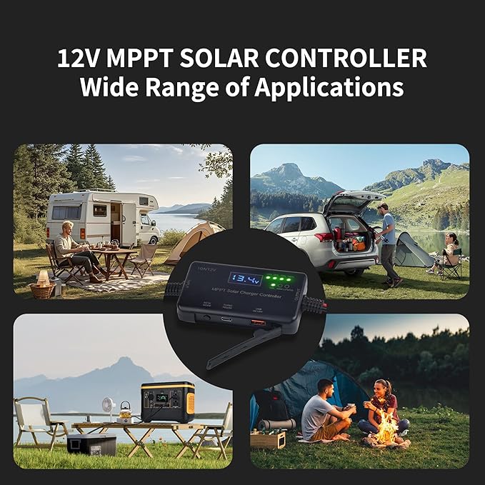 MPPT Solar Charge Controller 12V 10A with Battery Clamps,Solar Panel Charge Controller with Type-C and USB Output for Gel, AGM, LiFePO4 Battery