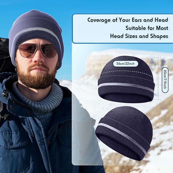 Reflective Knit Hat Safety Beanies Adult High Visibility Beanie Neon Winter Knit Caps with Reflective Stripe