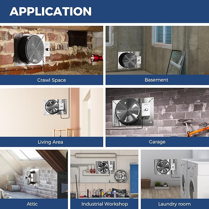 ALORAIR 720 CFM Stainless Steel Crawl Space Vent Fan - Air Out Ventilation Fan with Humidistat Dehumidistat, IP55 Rated Exhaust Fan with Isolation Mesh for Crawlspace Foundation Basements Garage Attic