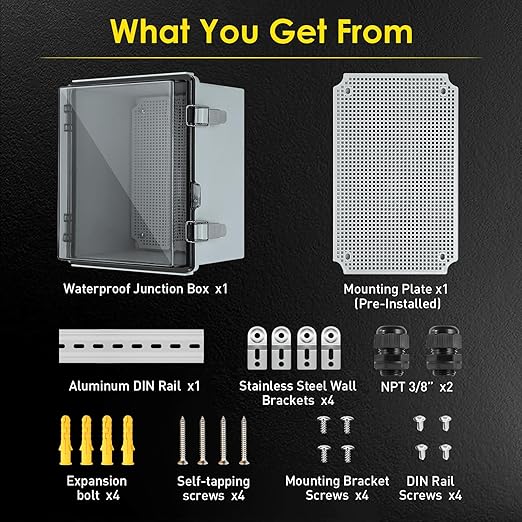Waterproof Electrical Junction Box, IP67 ABS Plastic Junction Box Enclosure with Aluminum DIN Rail, Mounting Plate, Wall Brackets for WiFi Electronics Project, Clear (16.1''×12.2''×7.1'')