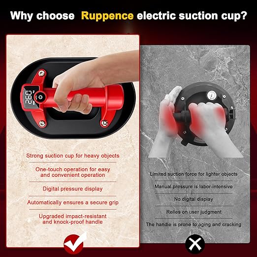 Electric Vacuum Suction Cup, Glass Suction Cup, Tile Suction Cup, Tile Tools, 573LBS Lifter with Digital Display,8H Battery Life,Auto Start Pump, Suitable for Glass,Metal,Windshield,1Pack
