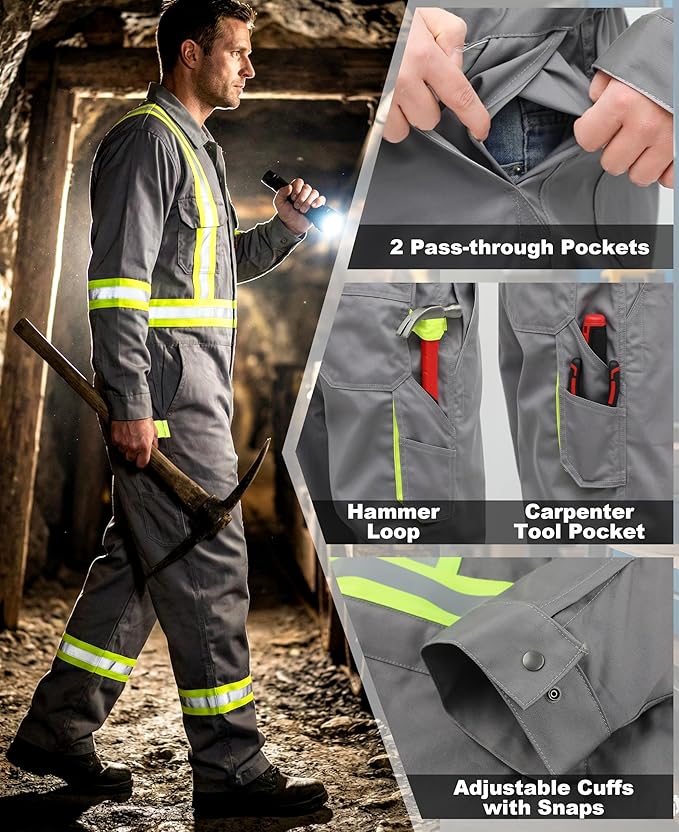 BOCOMAL FR Coveralls Men High Visibility 7.5oz Cotton Twill Flame Resistant Fire Retardant Work Coverall NFPA2112 HRC2