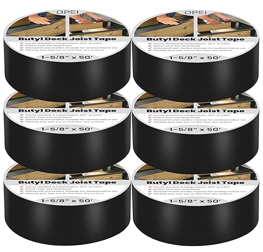DPEI Joist Tape for Decking - Butyl Flashing Tape, 1-5/8' x 50' - Black, Weatherproof, Self-Adhesive, 6 Rolls