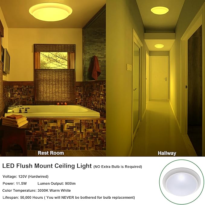 LIT-PaTH LED Flush Mount Ceiling Lighting Fixture, Dimmable 7 Inch 11.5W 900 Lumen, Aluminum Housing Plus PC Cover, Damp Location Rated for Bathroom, 3000K, 1-Pack