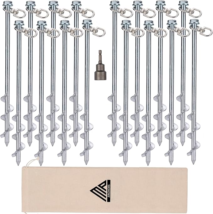 Ground Anchors Screw in - 12" Set of 16 with Drill Bit - Earth Anchors - Ground Stakes Heavy Duty - Mobile Home Anchors - Shed Anchor Kit - Swing Set Anchors - Tree Stakes - Awning Canopy Anchor