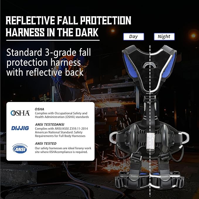 Fall Protection Full Body Safety Harness 5pt Roofing harnesses Aluminum O-Rings 8”Thick Back Support Belt Construction With Reflective Strips OSHA/ANSI Compliant