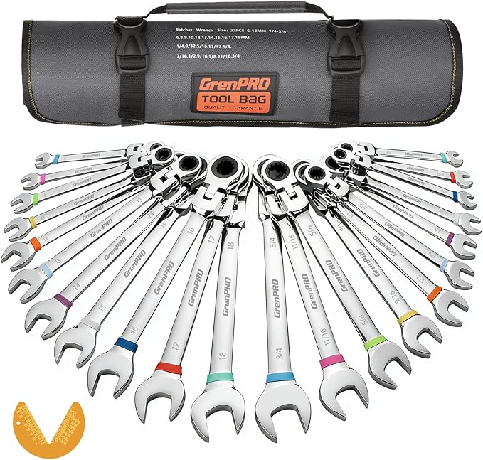 Ratchet Wrenches Set, 23PC Flex Head Ratcheting Wrench Set Metric and Standard & SAE, 6-18mm & 1/4" to 3/4" with Color Ring, CRV Open End Tool Organizer Pouch, Combination Ratchet Wrench Sets
